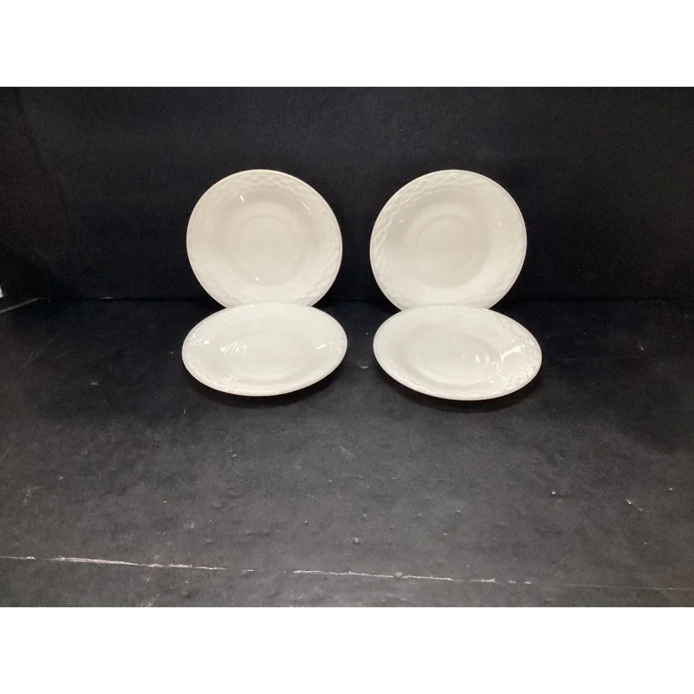 Anchor Hocking Fish Scale Ivory White Basketweave Saucers Set of 4 Uranium VTG